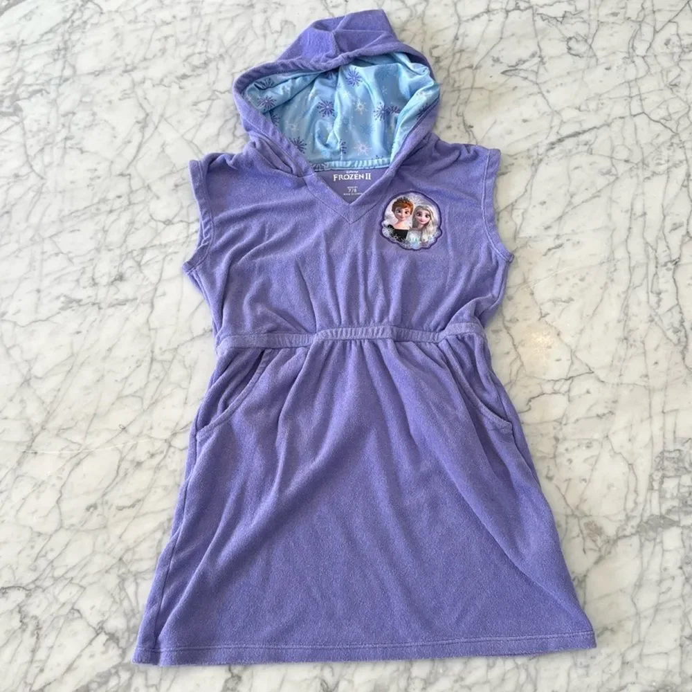 DISNEY FROZEN PURPLE TERRY CLOTH HOODED ZIP UP SWIM COVER UP SZ 7/8